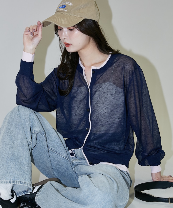 ウォッシャブル リネン 配色 シアー ニットカーディガン　限定展開