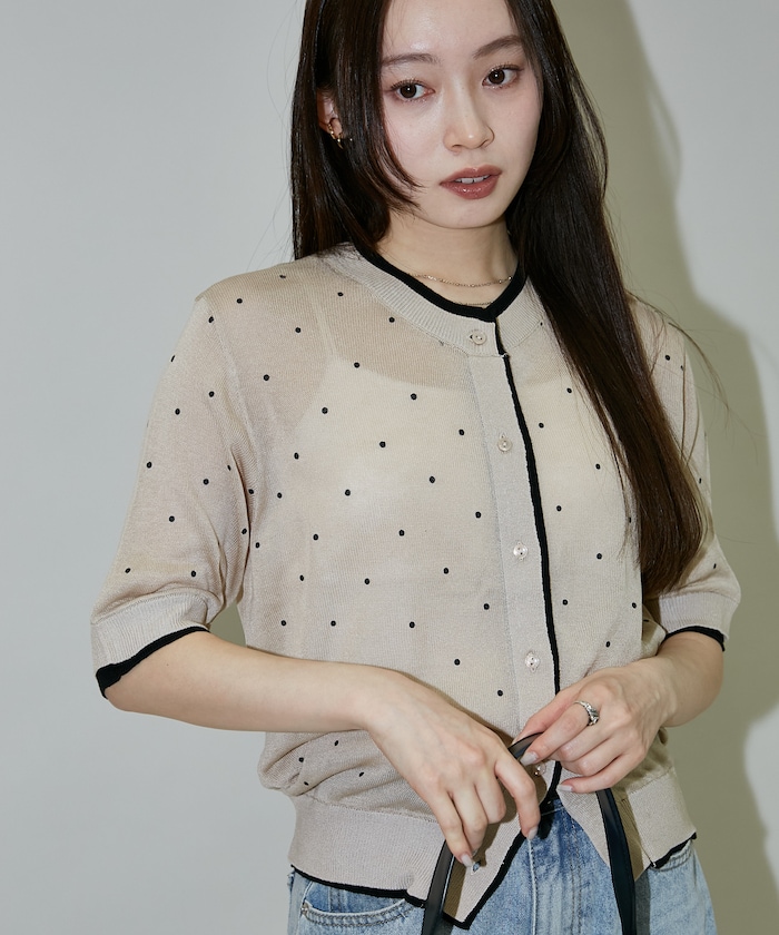 ドット柄 レイヤード風 半袖 ニット カーディガン　限定展開