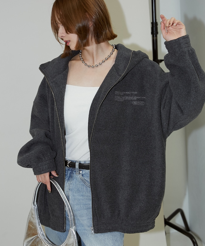 レタリング 刺繍 フリース ジップ ビッグ パーカー　限定展開
