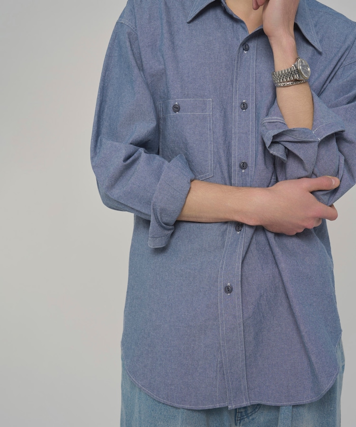 オーバーサイズ クラシック レギュラーカラー シャンブレーシャツ ロングスリーブ