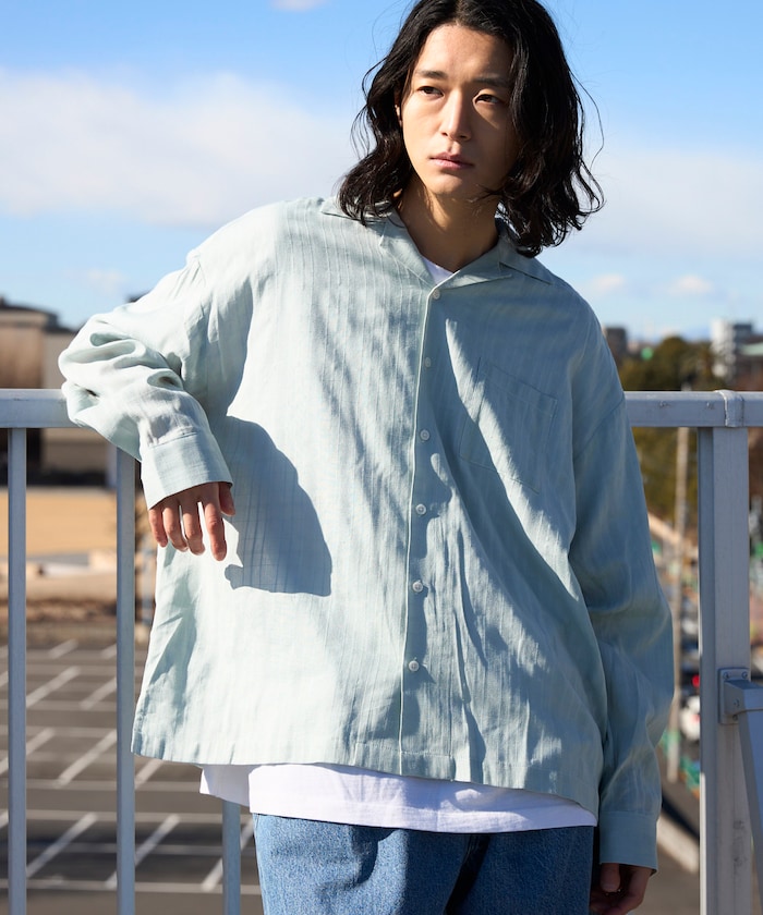 ドビー織 ロングスリーブ オープンカラーシャツ /  ビッグシルエット