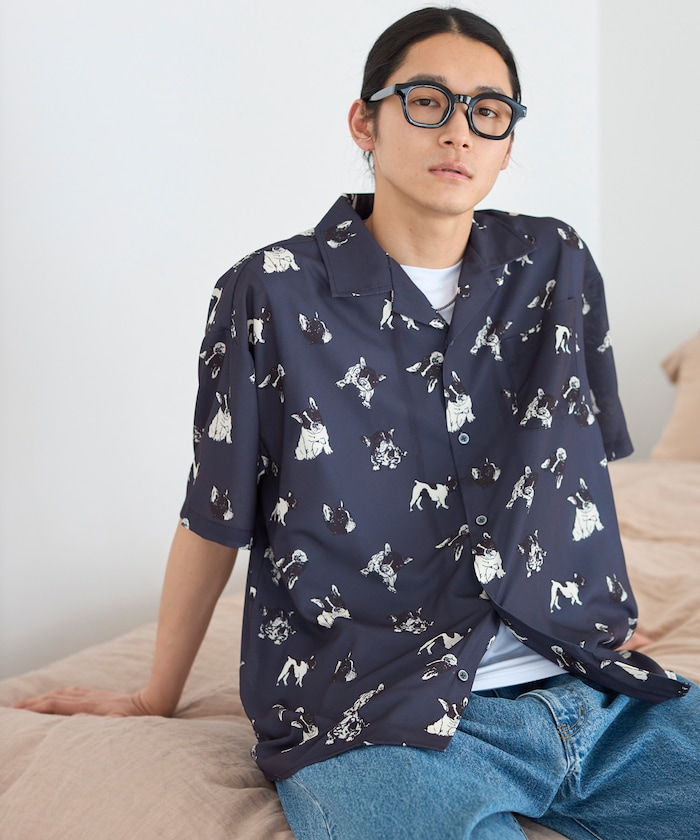 メッシュ オープンカラー パターン ショートスリーブシャツ / 総柄デザイン開襟シャツ / ビッグシルエット