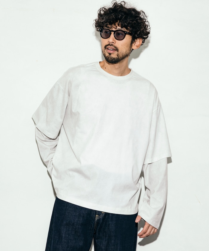 リラックスフィット ケミカルプリント レイヤードロンT