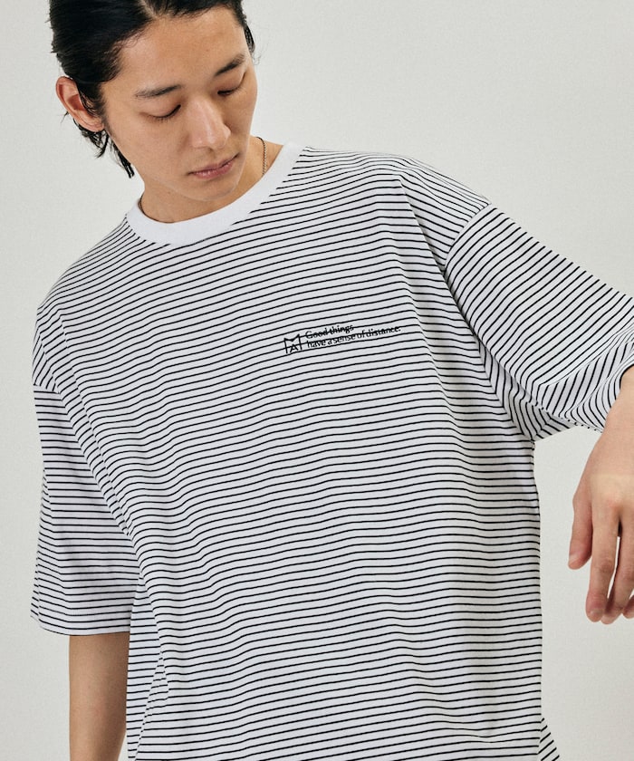 MA ベーシック ロゴ 刺繍 ショートスリーブ Tシャツ ピンボーダー