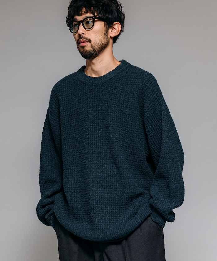 ビッグシルエット ウール混 ワッフル編 クルーネックニット