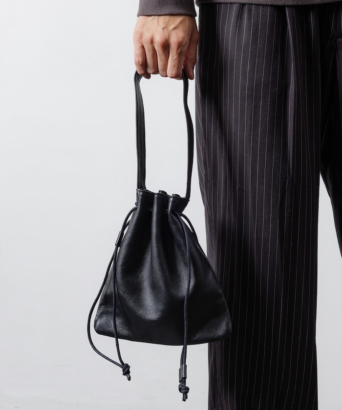 Drawstring Leather Handbag / ワンハンドル 巾着ハンドバッグ / 牛革 / 撥水レザー