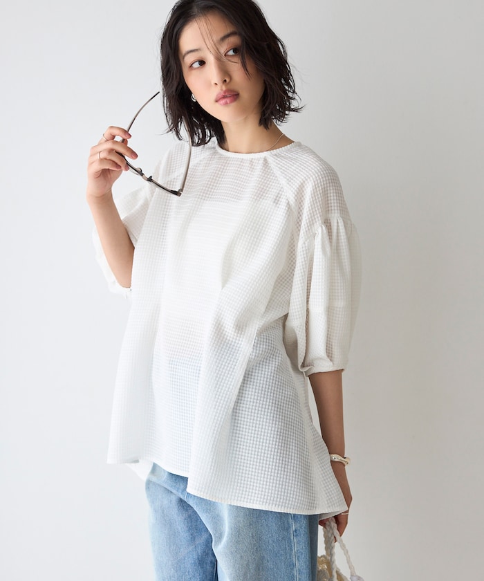 【3月11日12:00発売】シアー チェック バルーンスリーブ ブラウス / 5分袖/ フレアシルエット