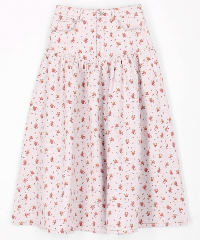 Printed Paint Denim Long Skirt / A1090268  /花柄 プリント フレア デニムスカート