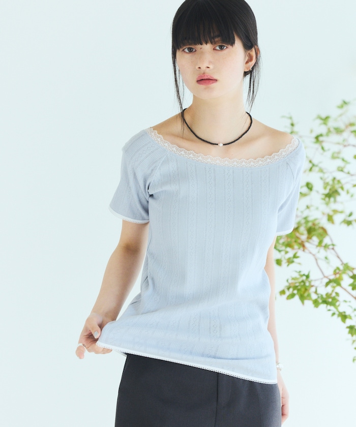 ボートネック 針抜きニット レースTシャツ