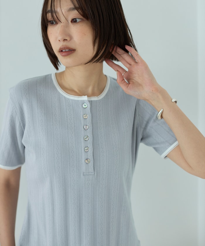 ヘンリーネック 針抜きニット レースTシャツ
