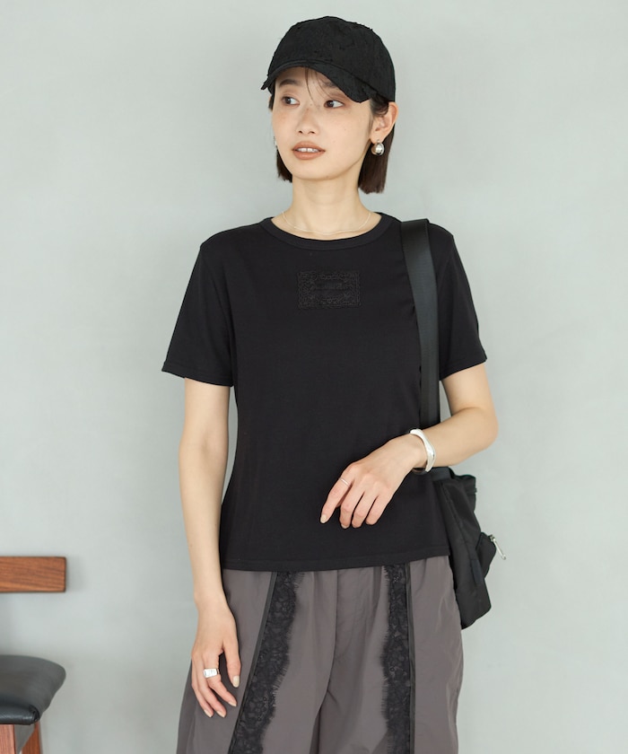 レース アップリケ コットンモダールTシャツ