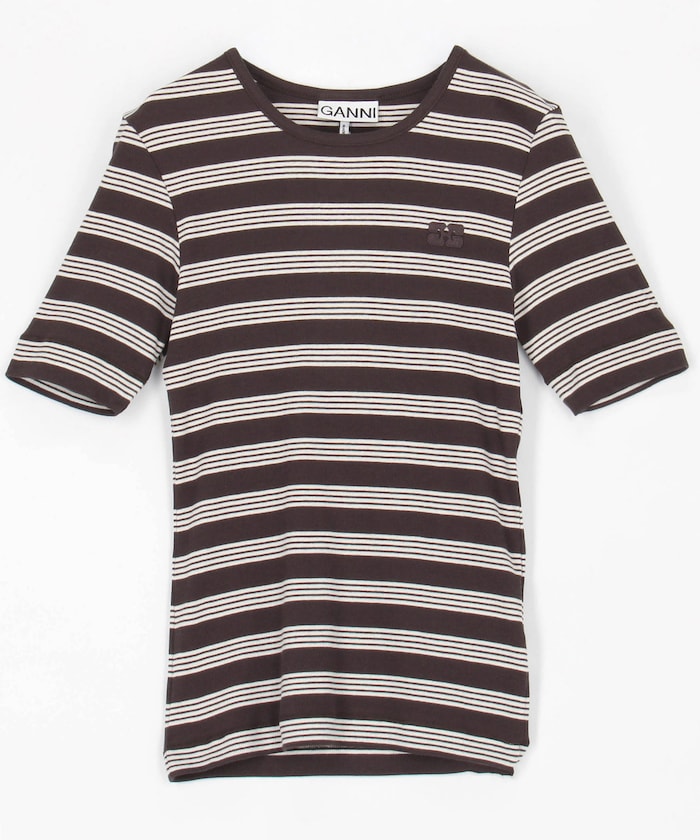 Soft Cotton Rib ShortSleeve T-Stripe / A1050193 ストライプ ワンポイントロゴ 刺繍 リブ Tシャツ