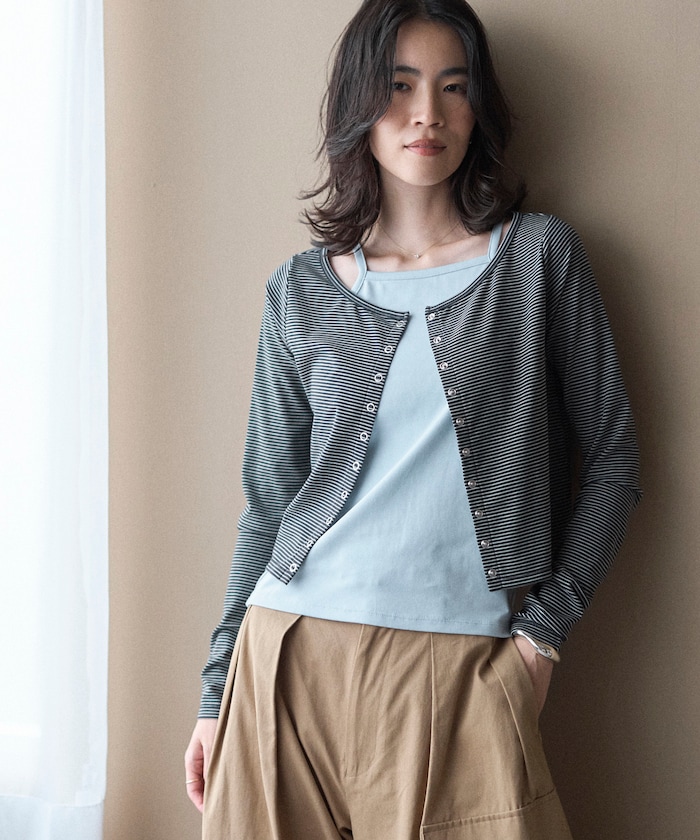 【2月12日12:00発売】レイヤード セットトップス / ボーダーカーディガン ＆ キャミソール