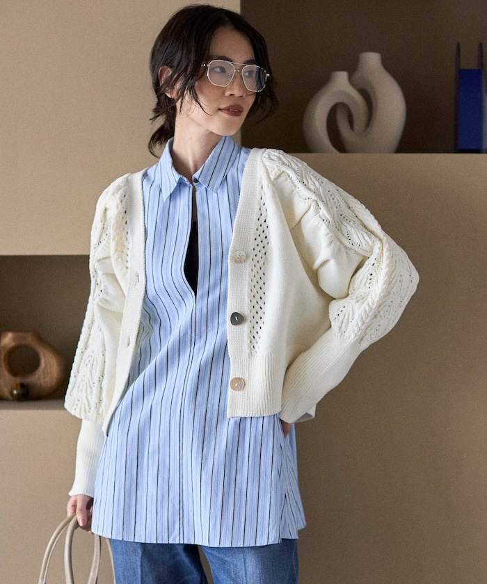 バリエーション釦 ボリュームスリーブ ケーブル ニット カーディガン