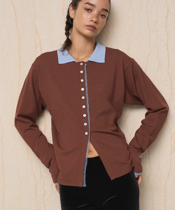 配色 デザイン フェイク レイヤード  ロングスリーブ ポロニット カーディガン