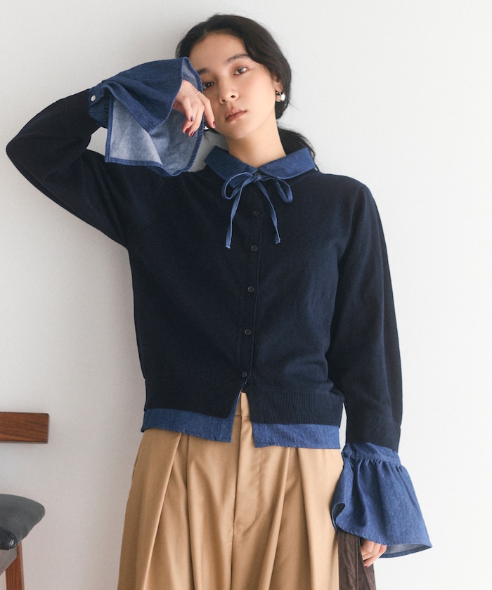 フェイクレイヤード デニムドッキング カーディガン 【限定展開】