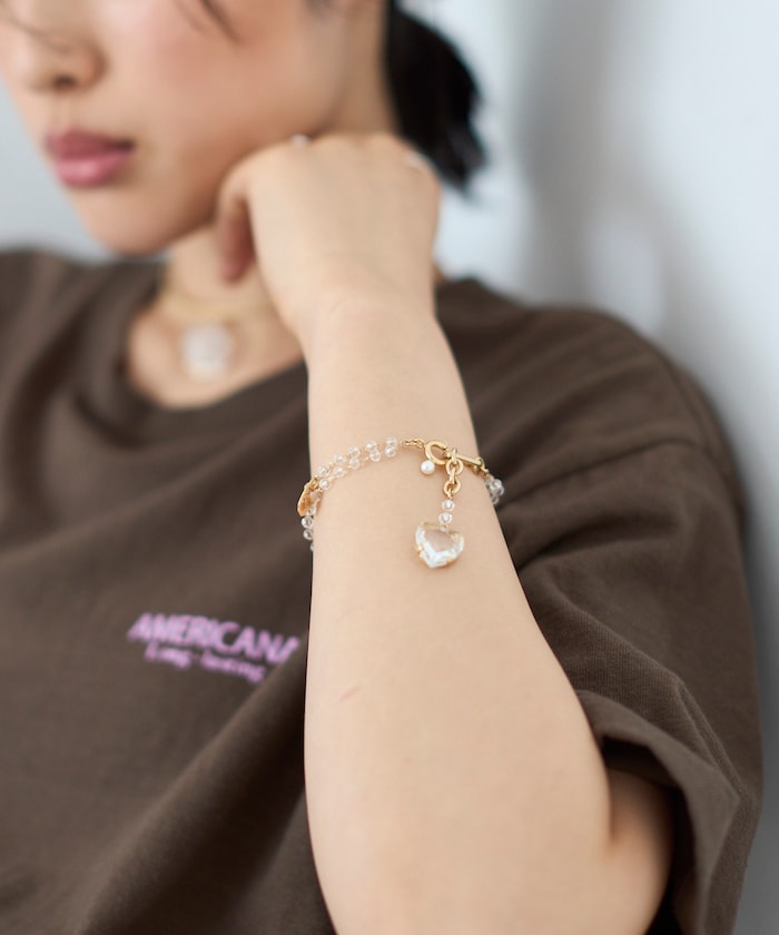 vintage glass heart bracelet / BRT26P-40 / ヴィンテージ ハートモチーフ ガラス チェーン ブレスレット