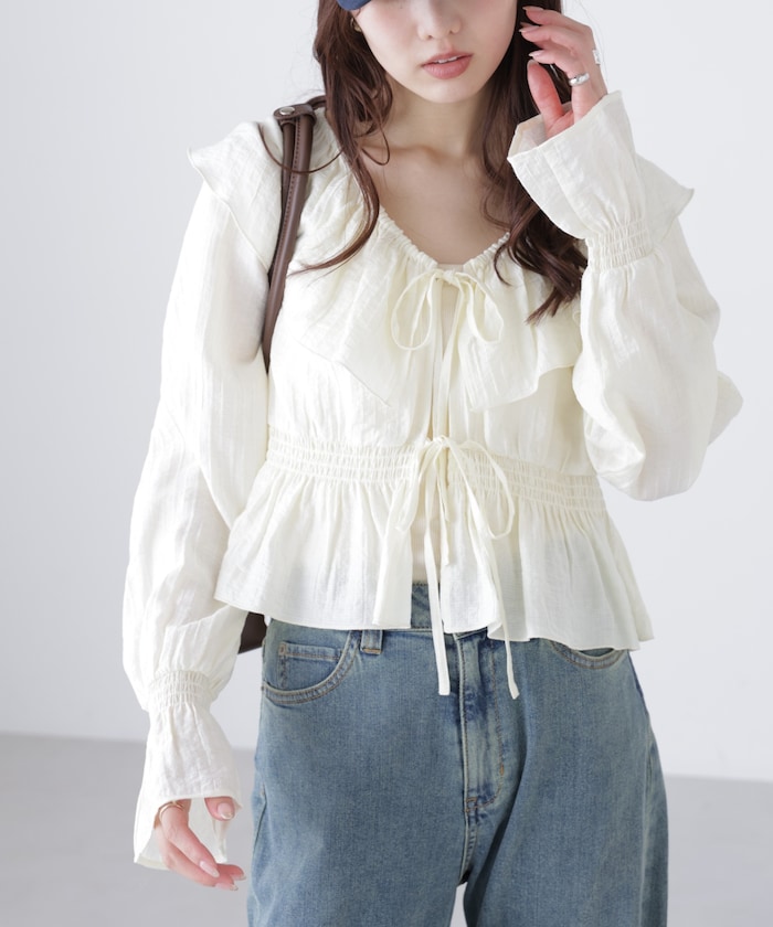 【3月16日 12：00～販売開始 】衿フリルペプラム前開きブラウス
