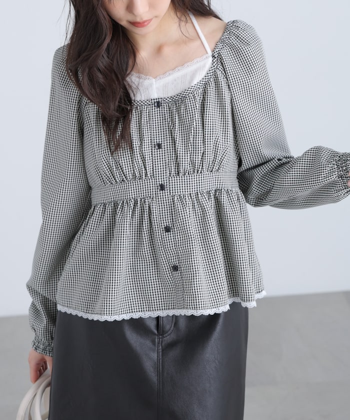 【3月16日 12：00～販売開始 】レイヤード風ギンガムチェックペプラムブラウス