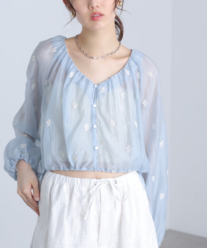 シアー小花刺繍サイドリボンブラウス