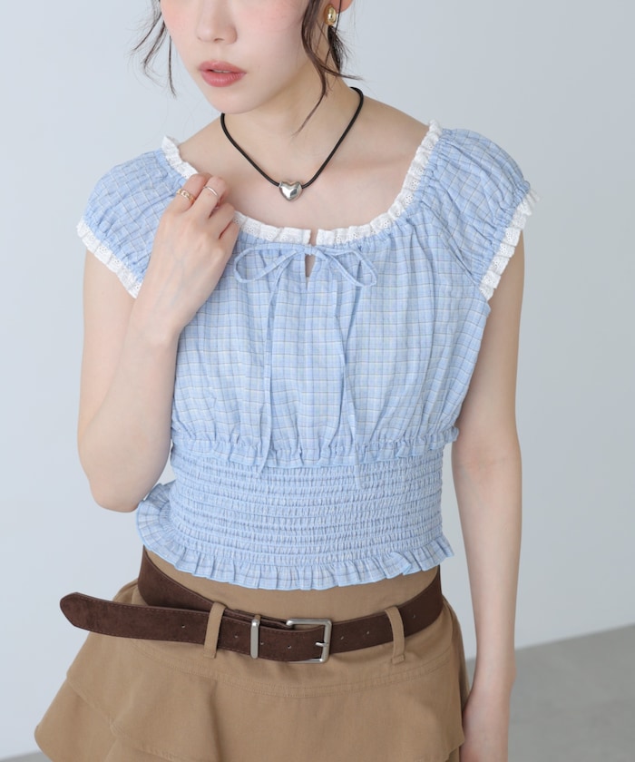 2WAYオフショルチェックブラウス