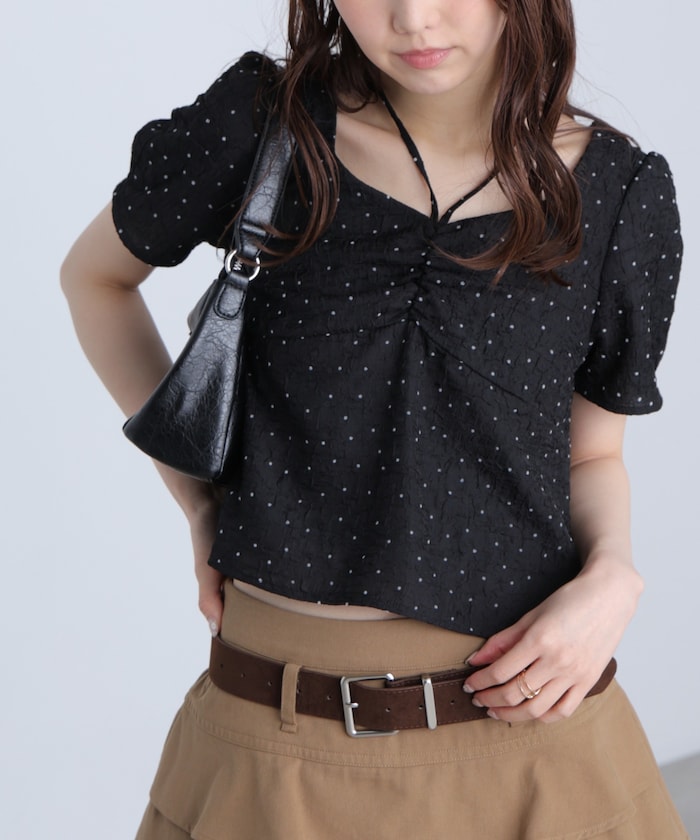 フロントギャザーネックリボン付き半袖ブラウス