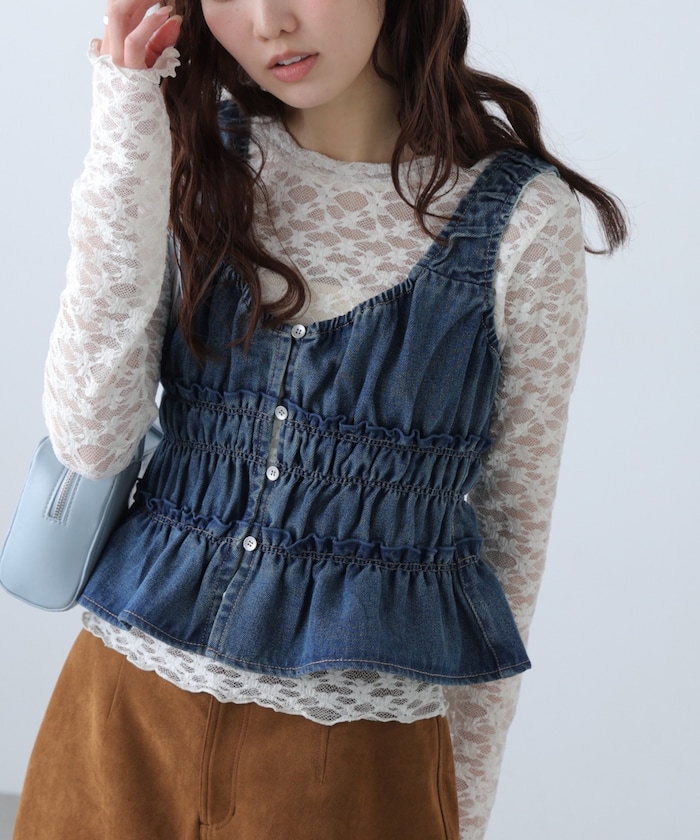 【3月16日 12：00～販売開始 】シャーリングデニムビスチェ