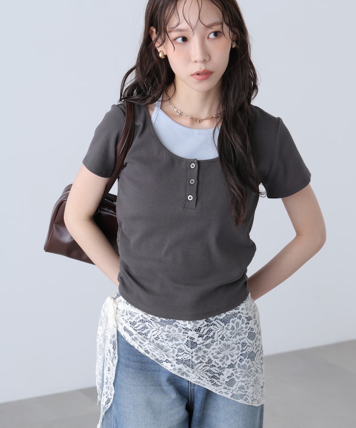インナーレイヤードボーダーヘンリーネックＴシャツ