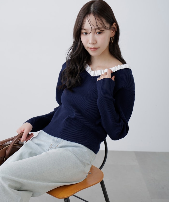 【3月16日 12：00～販売開始 】【RIO企画】フリルドッキングＶネックニット〈MFM〉