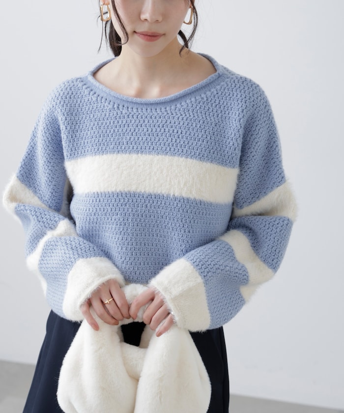 【3月16日 12：00～販売開始 】編み地ミックスショート丈ボーダーニット