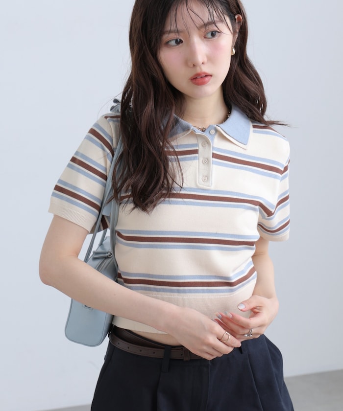 レイヤードカラーボーダー半袖ニット