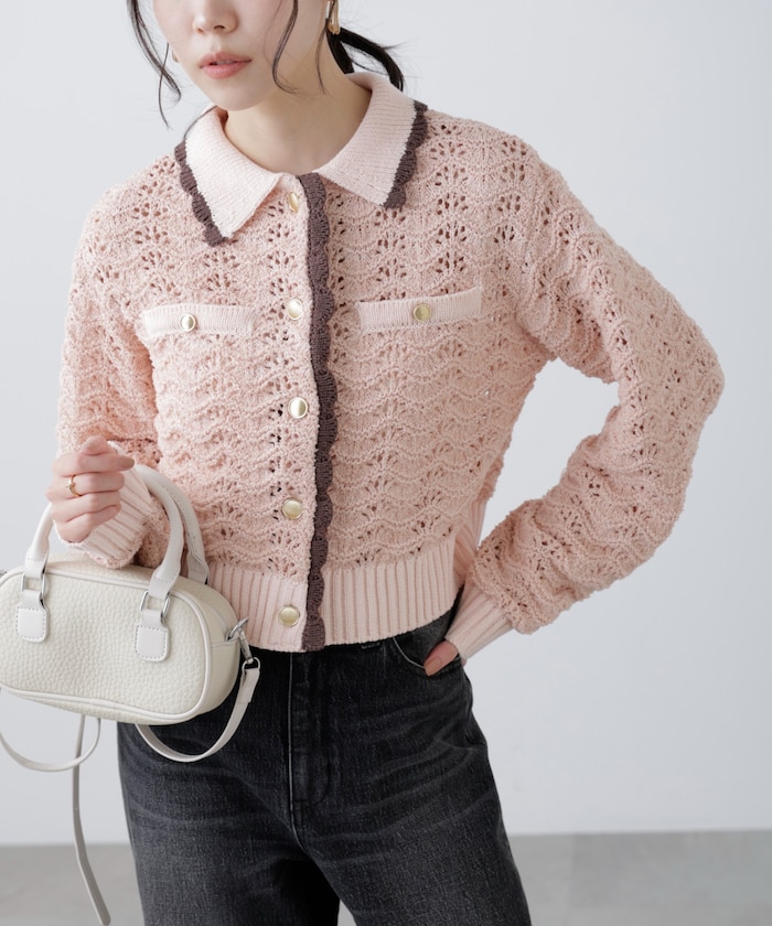 【3月16日 12：00～販売開始 】ミニブークレツィードライク配色ニットカーディガン