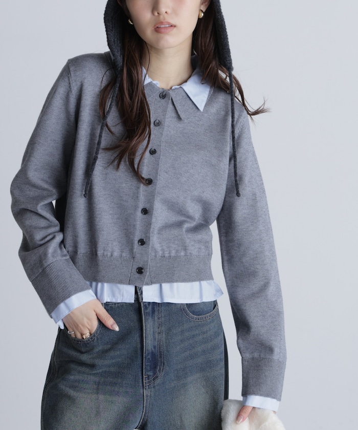 【3月16日 12：00～販売開始 】シャツフェイクレイヤードポロカーディガン