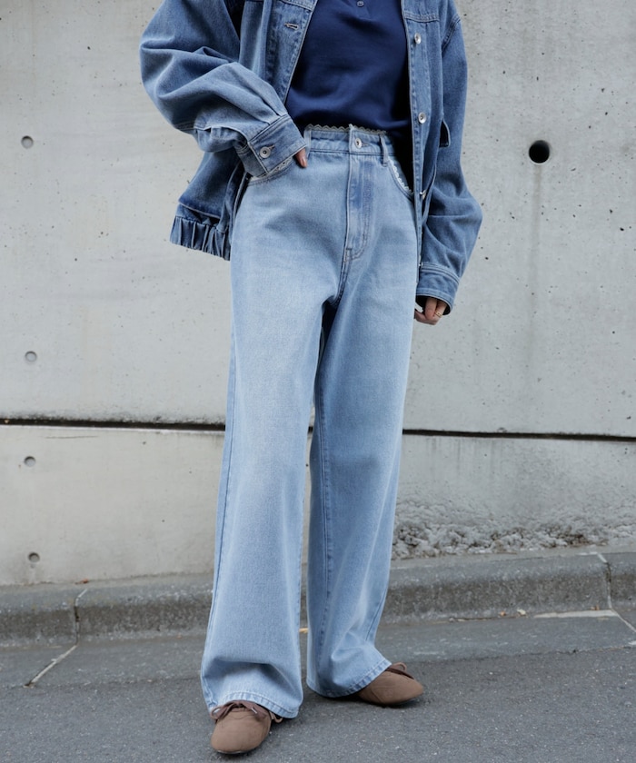 【3月16日 12：00～販売開始 】レーストリミングワイドストレートデニム