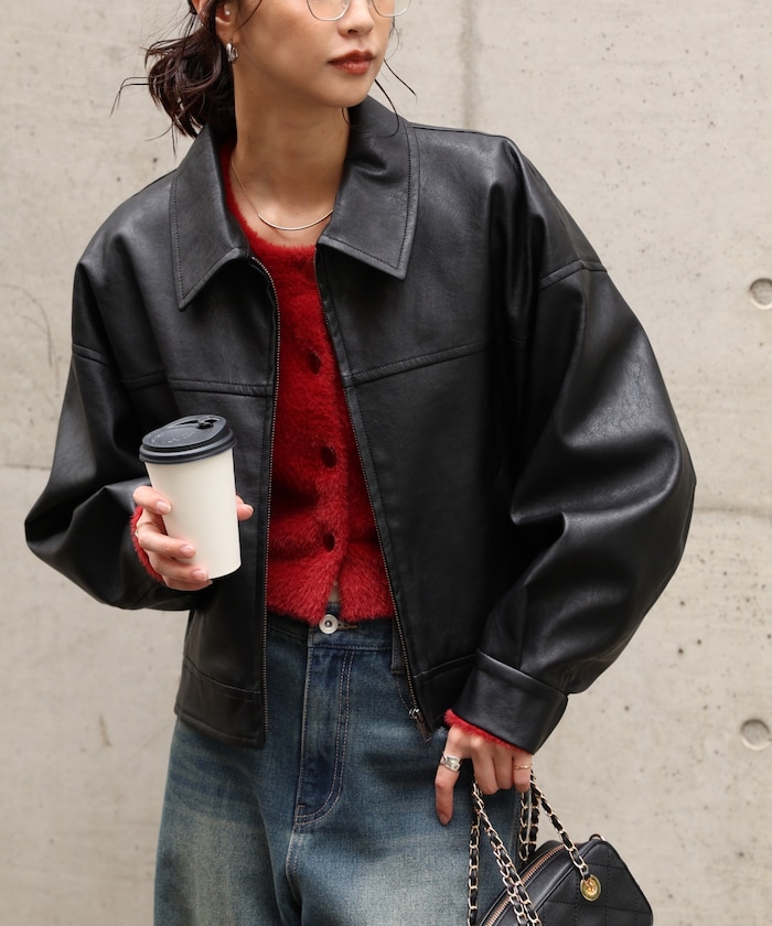 【3月16日 12：00～販売開始 】合皮ジップアップブルゾン